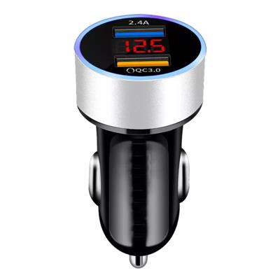 2022 high quality QC 3.0 3A aluminum car charger 2USB port data display fast mobile phone charger suitable for Apple Samsung